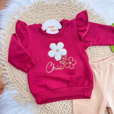 Conj. Casaco de Moletom Chic Flor e Calça Ribana em Plush - Bordo e Areia